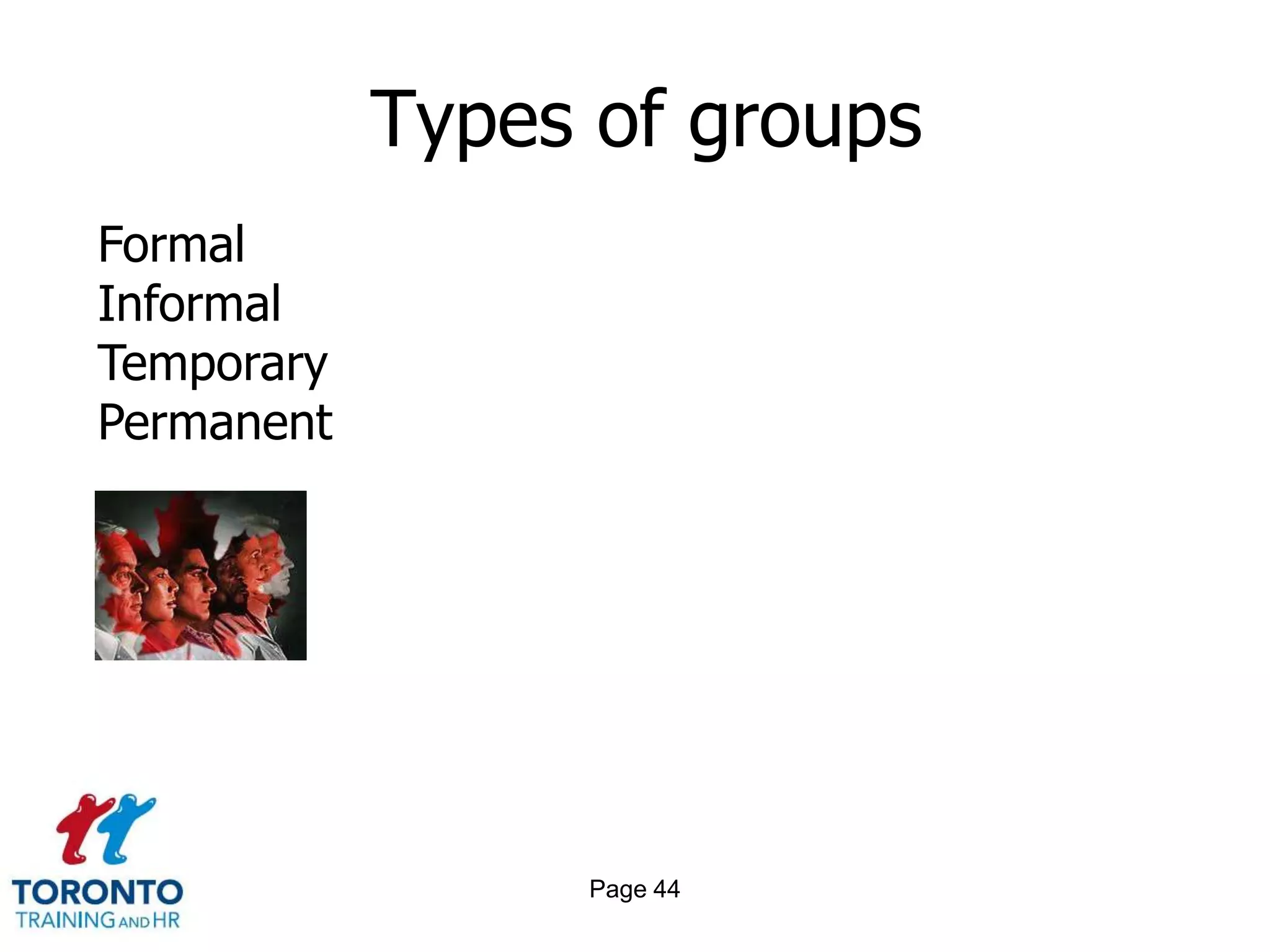 Types of groups
Formal
Informal
Temporary
Permanent




                 Page 44
 
