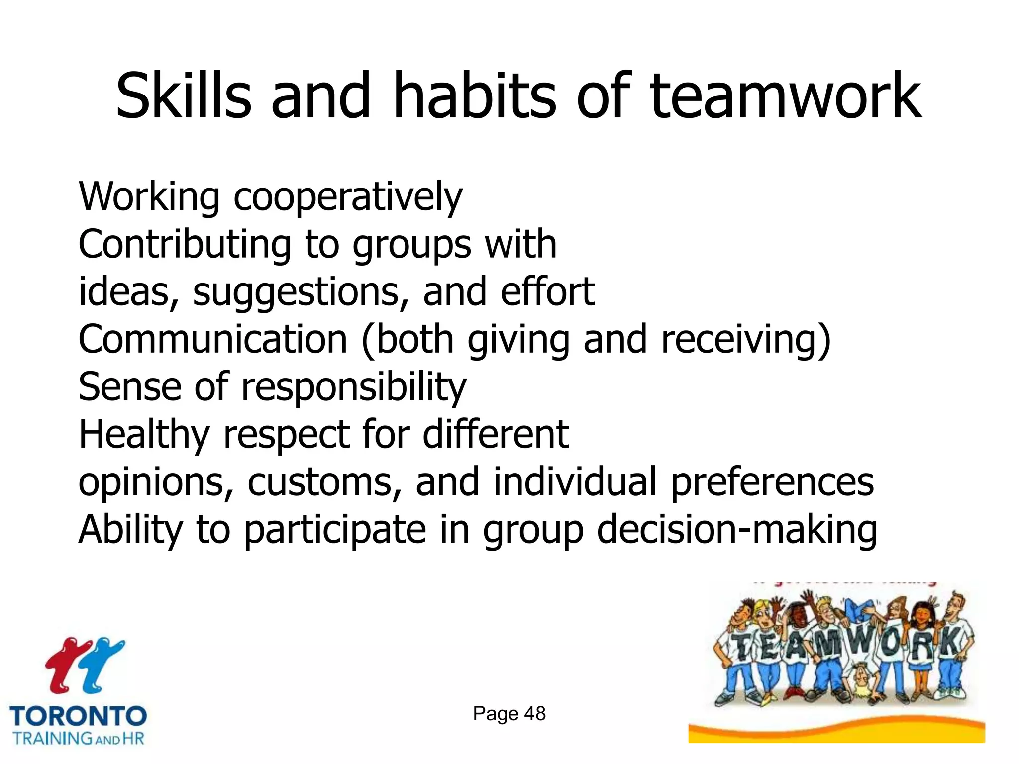 Skills and habits of teamwork
Working cooperatively
Contributing to groups with
ideas, suggestions, and effort
Communication (both giving and receiving)
Sense of responsibility
Healthy respect for different
opinions, customs, and individual preferences
Ability to participate in group decision-making



                       Page 48
 