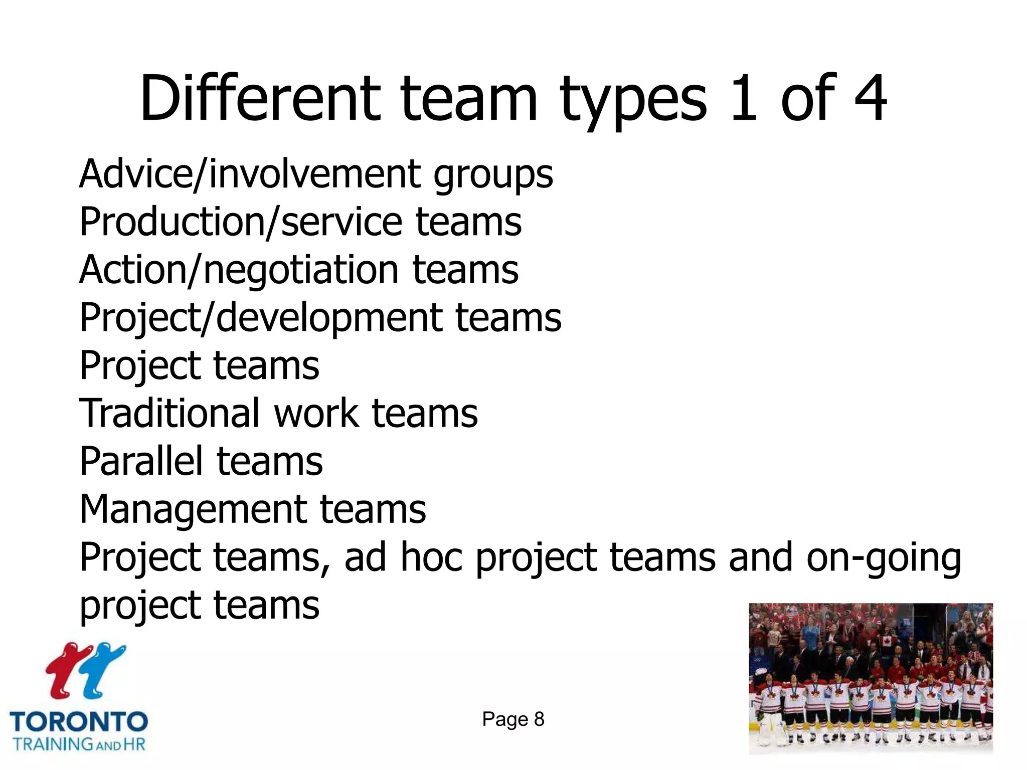 Different team types 1 of 4
Advice/involvement groups
Production/service teams
Action/negotiation teams
Project/development teams
Project teams
Traditional work teams
Parallel teams
Management teams
Project teams, ad hoc project teams and on-going
project teams

                     Page 8
 