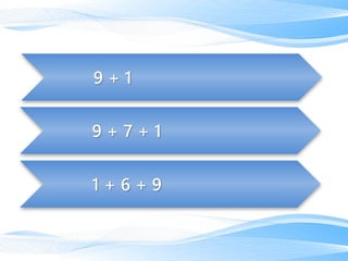 1 + 6 + 9
9 + 7 + 1
9 + 1
 