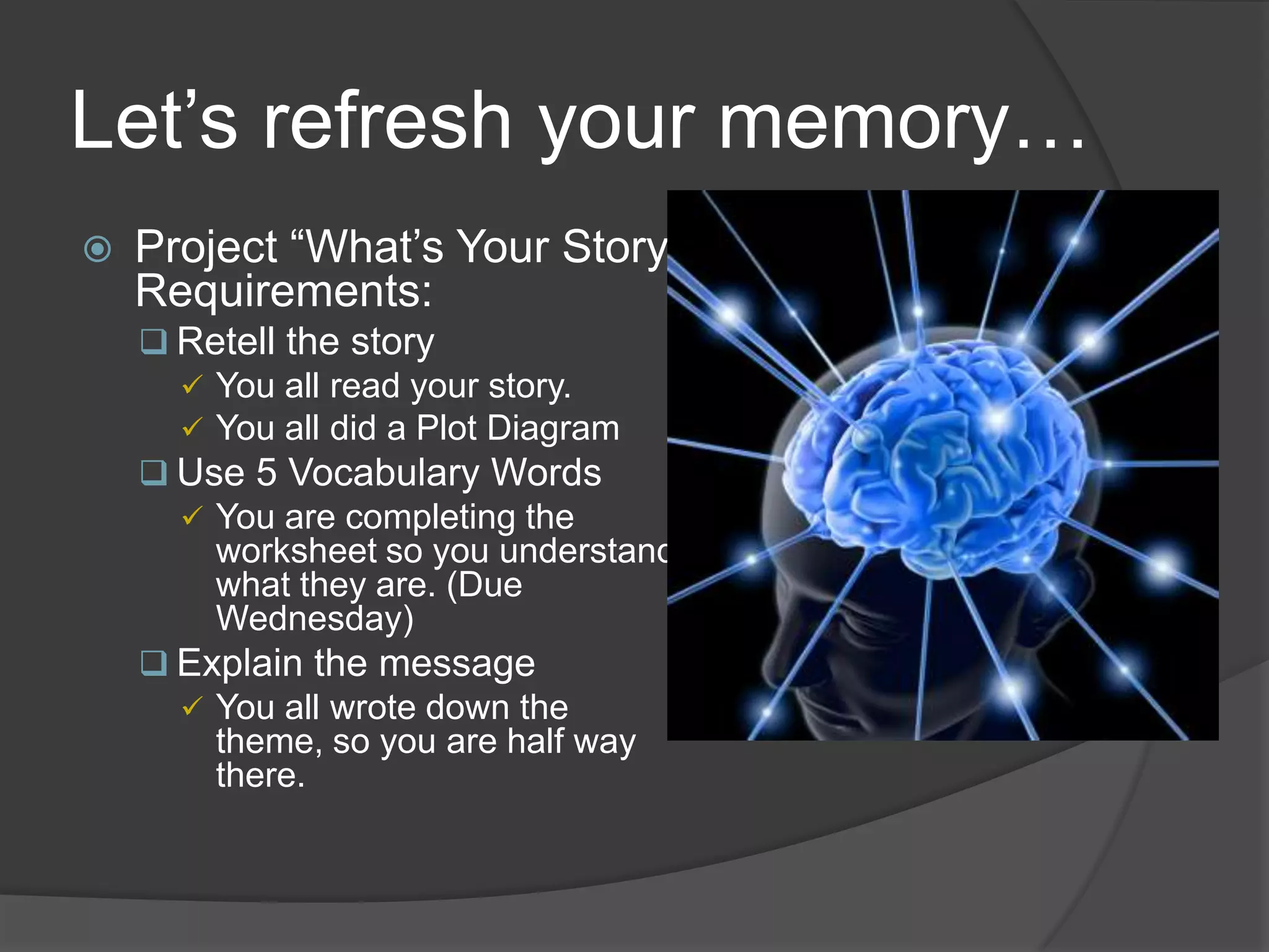 Let’s refresh your memory…Project “What’s Your Story” Requirements:Retell the story