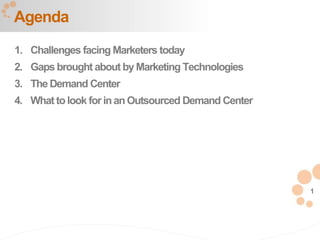 1
1. Challenges facing Marketers today
2. Gaps brought about by Marketing Technologies
3. The Demand Center
4. What tolook for inan Outsourced Demand Center
Agenda
 