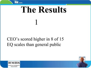 The Results CEO’s scored higher in 8 of 15 EQ scales than general public 1 