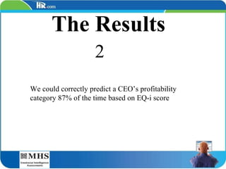 The Results 2 We could correctly predict a CEO’s profitability  category 87% of the time based on EQ-i score 