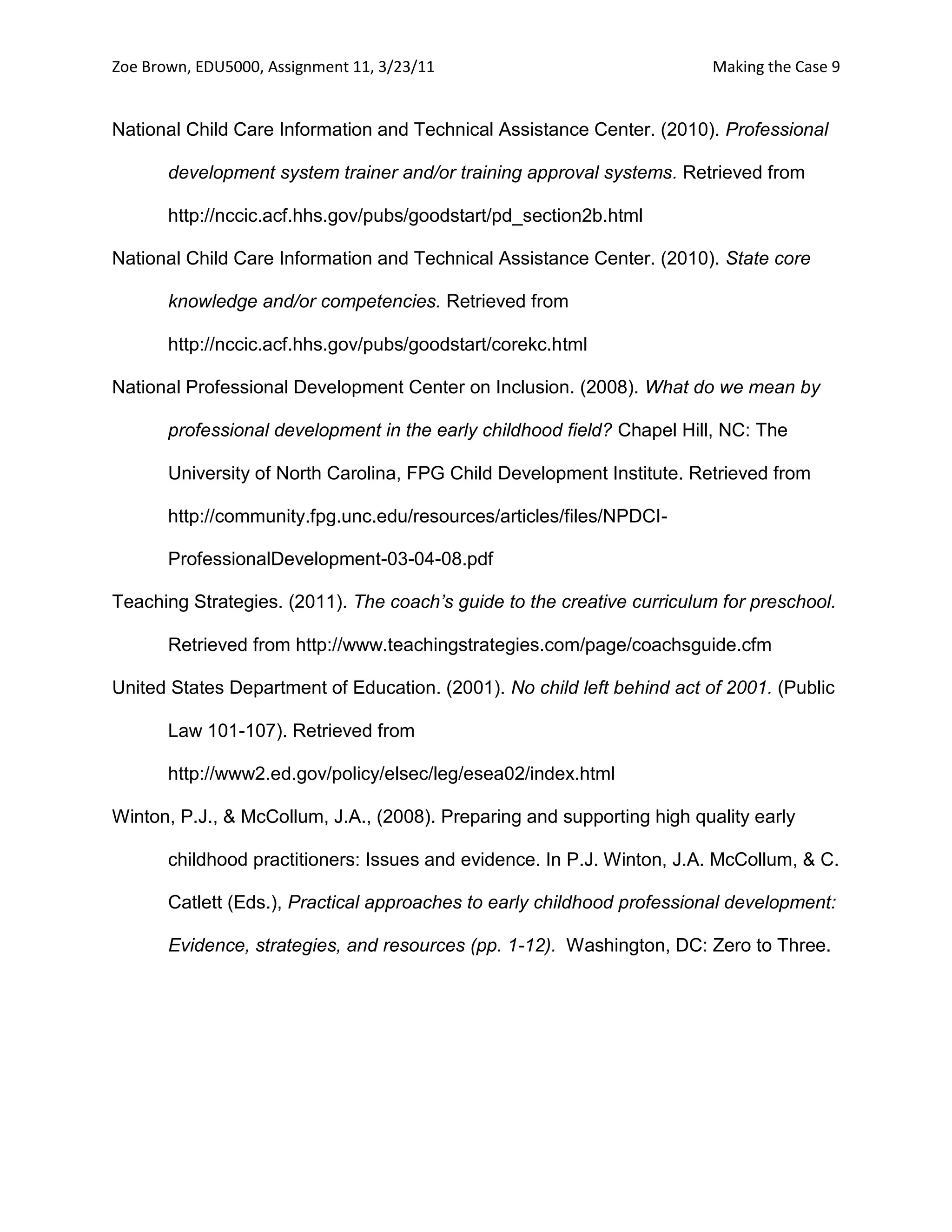 Zoe Brown, EDU5000, Assignment 11, 3/23/11                               Making the Case 9


National Child Care Information and Technical Assistance Center. (2010). Professional

       development system trainer and/or training approval systems. Retrieved from

       http://nccic.acf.hhs.gov/pubs/goodstart/pd_section2b.html

National Child Care Information and Technical Assistance Center. (2010). State core

       knowledge and/or competencies. Retrieved from

       http://nccic.acf.hhs.gov/pubs/goodstart/corekc.html

National Professional Development Center on Inclusion. (2008). What do we mean by

       professional development in the early childhood field? Chapel Hill, NC: The

       University of North Carolina, FPG Child Development Institute. Retrieved from

       http://community.fpg.unc.edu/resources/articles/files/NPDCI-

       ProfessionalDevelopment-03-04-08.pdf

Teaching Strategies. (2011). The coach’s guide to the creative curriculum for preschool.

       Retrieved from http://www.teachingstrategies.com/page/coachsguide.cfm

United States Department of Education. (2001). No child left behind act of 2001. (Public

       Law 101-107). Retrieved from

       http://www2.ed.gov/policy/elsec/leg/esea02/index.html

Winton, P.J., & McCollum, J.A., (2008). Preparing and supporting high quality early

       childhood practitioners: Issues and evidence. In P.J. Winton, J.A. McCollum, & C.

       Catlett (Eds.), Practical approaches to early childhood professional development:

       Evidence, strategies, and resources (pp. 1-12). Washington, DC: Zero to Three.
 