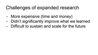 Challenges of expanded research
- More expensive (time and money)
- Didn’t significantly improve what we learned
- Difficult to sustain and scale for the future
 