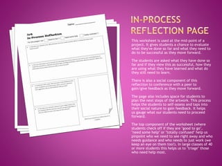 This worksheet is used at the mid-point of a
project. It gives students a chance to evaluate
what they've done so far and what they need to
do to be successful as they move forward.
The students are asked what they have done so
far and if they view this as successful, how they
are using what they have learned and what do
they still need to learn.
There is also a social component of this
reflection to conference with a peer to
gain/give feedback as they move forward.
The page also includes space for students to
plan the next steps of the artwork. This process
helps the students to self-assess and taps into
their social nature to gain feedback. It helps
us gauge what our students need to proceed
forward.
The top component of the worksheet (where
students check off if they are "good to go",
"need some help" or "totally confused" help us
pinpoint who we need to see right away and who
needs guidance and who needs to just work (we
keep an eye on them too!). In large classes of 40
or more students this helps us to "triage" those
who need help most.
 