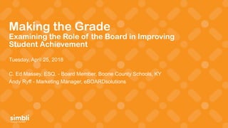 simply get more done
Making the Grade
Examining the Role of the Board in Improving
Student Achievement
Tuesday, April 25, 2018
C. Ed Massey, ESQ. - Board Member, Boone County Schools, KY
Andy Ryff - Marketing Manager, eBOARDsolutions
 