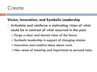 Create
Vision, Innovation, and Symbolic Leadership
 Articulate and reinforce a motivating vision of what
could be in contrast of what occurred in the past.
 Forge a clear and shared vision of the future.
 Symbolic leadership in support of changing mission.
 Innovative and creative ideas about work.
 New sense of meaning and importance to pursued tasks.
13
 