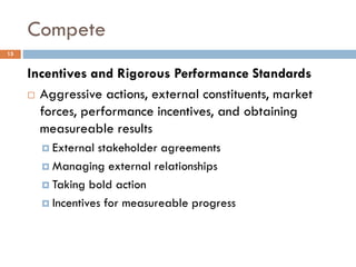 Compete
Incentives and Rigorous Performance Standards
 Aggressive actions, external constituents, market
forces, performance incentives, and obtaining
measureable results
 External stakeholder agreements
 Managing external relationships
 Taking bold action
 Incentives for measureable progress
15
 