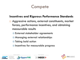 15
Compete
Incentives and Rigorous Performance Standards
¨ Aggressive actions, external constituents, market
forces, performance incentives, and obtaining
measurable results
¤ External stakeholder agreements
¤ Managing external relationships
¤ Taking bold action
¤ Incentives for measurable progress
 