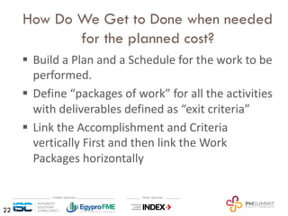 How Do We Get to Done when needed
for the planned cost?
§ Build a Plan and a Schedule for the work to be
performed.
§ Define “packages of work” for all the activities
with deliverables defined as “exit criteria”
§ Link the Accomplishment and Criteria
vertically First and then link the Work
Packages horizontally
Principle ②
22
 