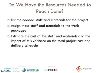 Do We Have the Resources Needed to
Reach Done?
¨ List the needed staff and materials for the project
¨ Assign these staff and materials to the work
packages
¨ Estimate the cost of the staff and materials and the
impact of this variance on the total project cost and
delivery schedule
26
 