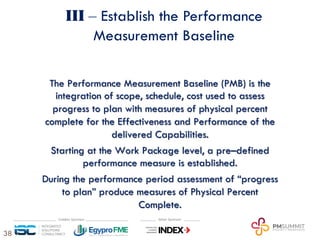 38
III ‒ Establish the Performance
Measurement Baseline
The Performance Measurement Baseline (PMB) is the
integration of scope, schedule, cost used to assess
progress to plan with measures of physical percent
complete for the Effectiveness and Performance of the
delivered Capabilities.
Starting at the Work Package level, a pre–defined
performance measure is established.
During the performance period assessment of “progress
to plan” produce measures of Physical Percent
Complete.
 