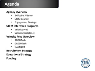 Agency Overview Skillpoint Alliance STEM Council  Engagement Strategy STEM Internship Programs Velocity Prep Velocity Cap(stone) Velocity Prep Overview ROBOTech GREENTech GAMEOn! Recruitment Strategy Educational Strategy Funding 