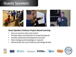 Guest Speakers Enhance Project-Based Learning Serve as primary client and mentor Provide advice and direction for project proposals Provide professional development seminars Share background knowledge or research Demonstrate the use of industry technology & tools 