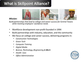 Workforce development non-profit founded in 1994 Build partnerships with industry, education, and the community We focus on college and career success, delivering programs in:  Construction Technologies Green Tech Computer Training Digital Media S cience,  T echnology,  E ngineering &  M ath Health  Care Office Administration Mission: Build partnerships that lead to college and career success for Central Texans while meeting employers' workforce needs 