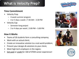Time Commitment Velocity Prep 4-week summer program  4 or 5 days a week | 7:30 AM – 3:30 PM Velocity Cap Semester-long project 3 or 4 days per week | 2:00 PM – 5:00 PM How it Works Teams of 20 students form a consulting company; Work with an actual client;  Create an innovative solution to a real-world problem; Present your designs & solutions to your client;  Meet high-tech employers in the region;  Get paid  or  credit  for 160 of STEM career experience! 