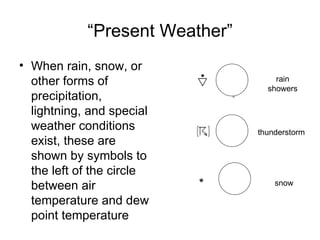 “Present Weather”
• When rain, snow, or
  other forms of                    rain
                                  showers
  precipitation,
  lightning, and special
  weather conditions            thunderstorm
  exist, these are
  shown by symbols to
  the left of the circle
  between air              *        snow

  temperature and dew
  point temperature
 