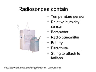 Radiosondes contain
                                      • Temperature sensor
                                      • Relative humidity
                                        sensor
                                      • Barometer
                                      • Radio transmitter
                                      • Battery
                                      • Parachute
                                      • String to attach to
                                        balloon

http://www.erh.noaa.gov/er/gyx/weather_balloons.htm
 