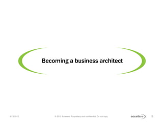 Becoming a business architect




6/13/2012       © 2012 Accelare. Proprietary and confidential. Do not copy.   15
 