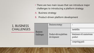 1. BUSINESS
CHALLENGES
• There are two main issues that can introduce major
challenges to introducing a platform strategy
A. Business strategy
B. Product-driven platform development
 