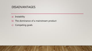DISADVANTAGES
a) Instability
b) The dominance of a mainstream product
c) Competing goals
 