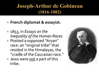  “Race” socially constructed.
 The concept of “race” arose concurrently with
advent of European exploration as justification for
conquest and domination of the globe beginning in
15th century C.E.
 “Race” is historical, “scientific,” & biological myth.
It is an idea.
 Geneticists tell us there is often more variability
within a given so-called “race” than between
“races.”
 No essential genetic markers linked specifically to
“race.”
 