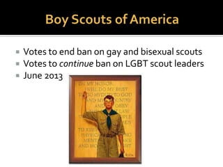  Leader
 FamilyValues Coalition
 In a fundraising letter:
“Gays and lesbians live
perverted, twisted lives that
feed upon the unsuspecting
and the innocent, like our
children.They want your
children.”
 