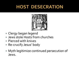  1215, Pope proclaimed
Host actual body of
Jesus.
 Beginning, Jews
accused of host
desecration.
 