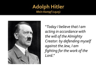  First, Jews forced to convert to
Christianity and be Baptized, or be
killed.
 1412: Bishop Pable de Santa Maria
decreed Jewish areas to be enclosed,
Jews to wear badges of
identification.
 1492: Jews driven out of Spain.
 Jews burned to death in Church
auto-da-fe (Act of Faith).
 