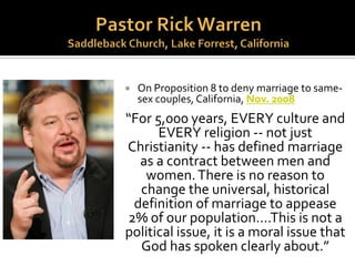  2010 “Resolution on Homosexuality and the United
States Military”
“RESOLVED,That the messengers to the Southern
Baptist Convention…affirm the Bible’s declaration that
homosexual behavior is intrinsically disordered and sinful,
and we also affirm the Bible’s promise of forgiveness,
change, and eternal life to all sinners (including those
engaged in homosexual sin) who repent of sin and trust in
the saving power of Jesus Christ (1 Corinthians 6:9-11).”
 