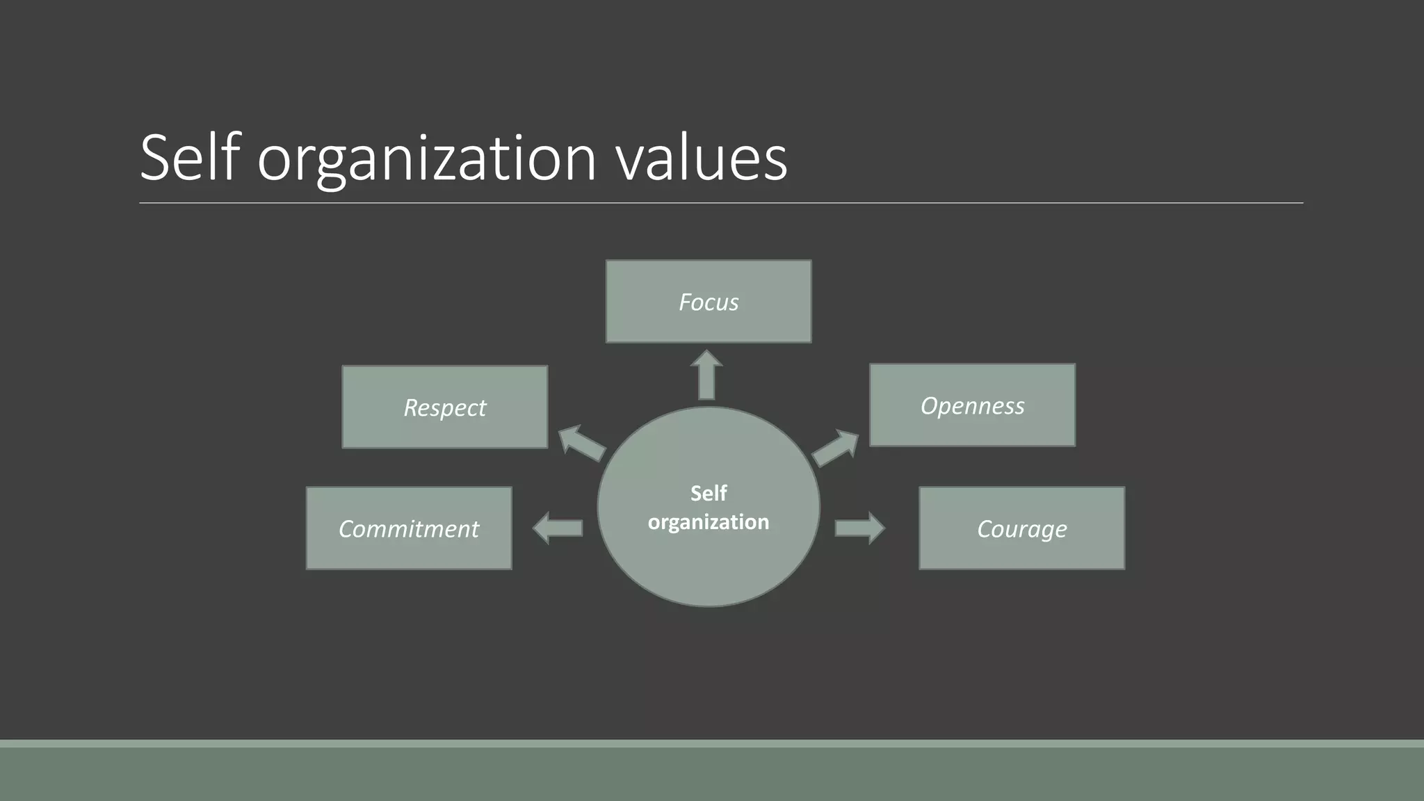 Self organization values
Self
organizationCommitment
Respect
Focus
Openness
Courage
 