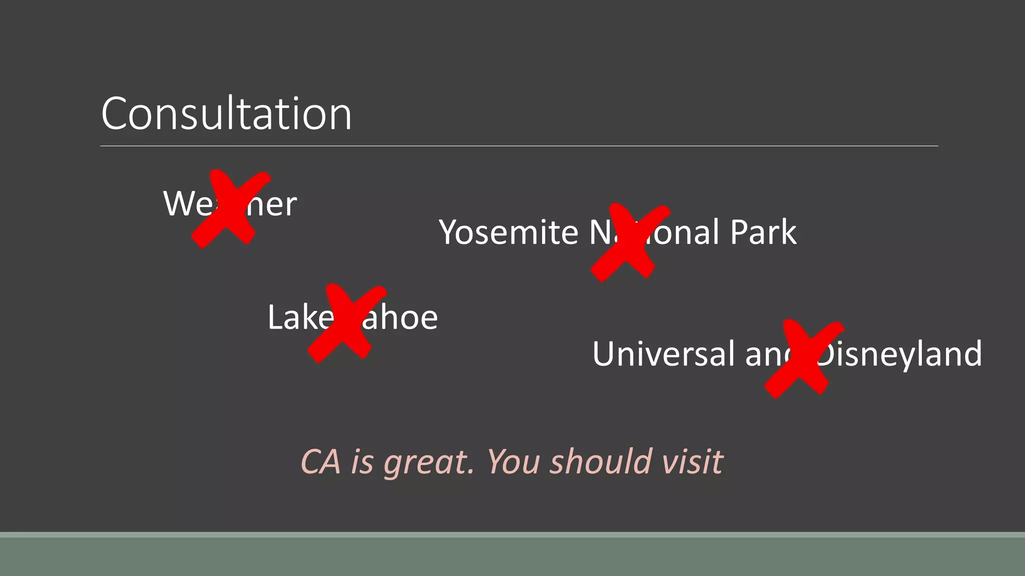 Consultation
Weather
Yosemite National Park
Lake Tahoe
Universal and Disneyland
CA is great. You should visit
 