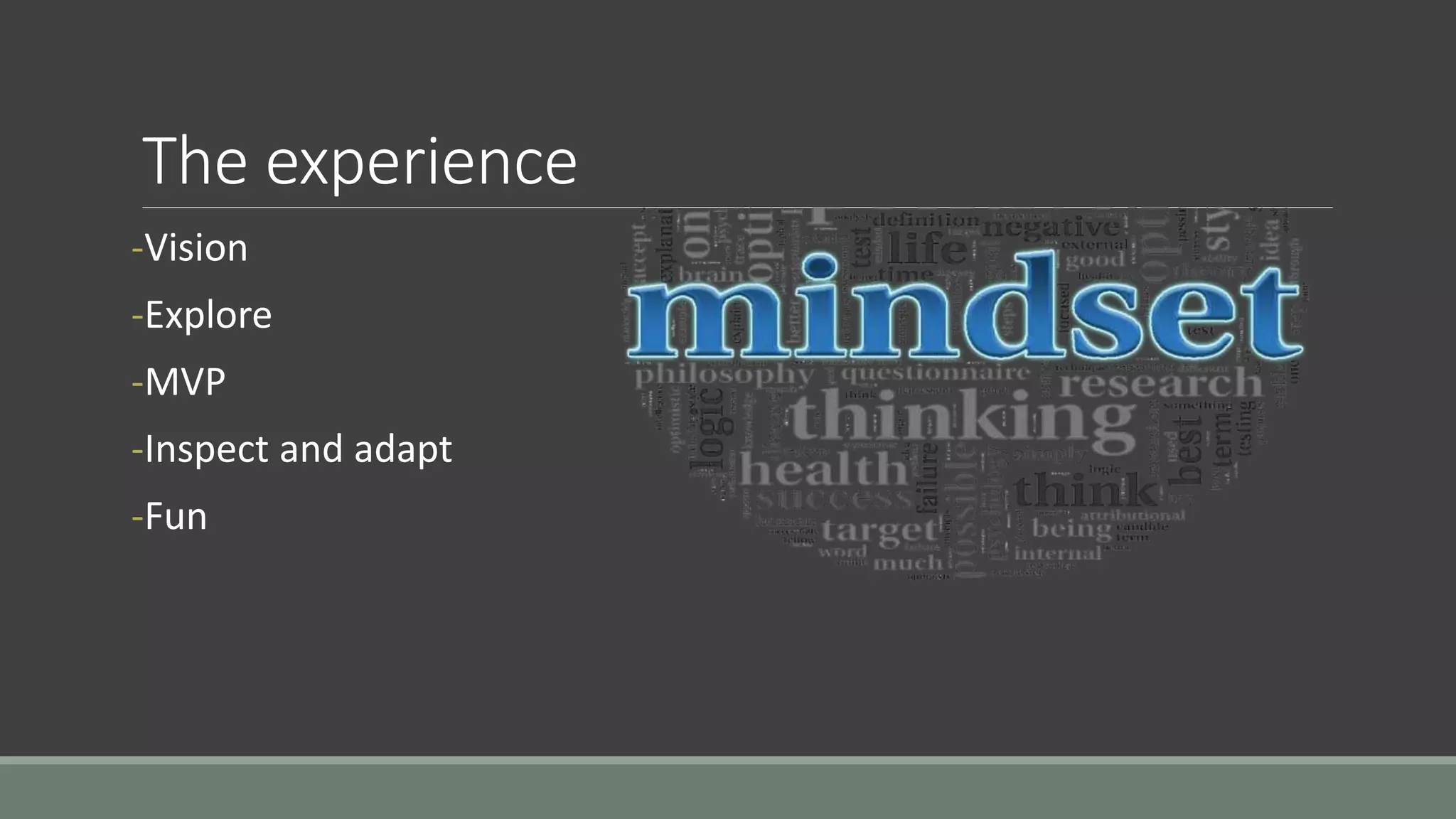 The experience
-Vision
-Explore
-MVP
-Inspect and adapt
-Fun
 