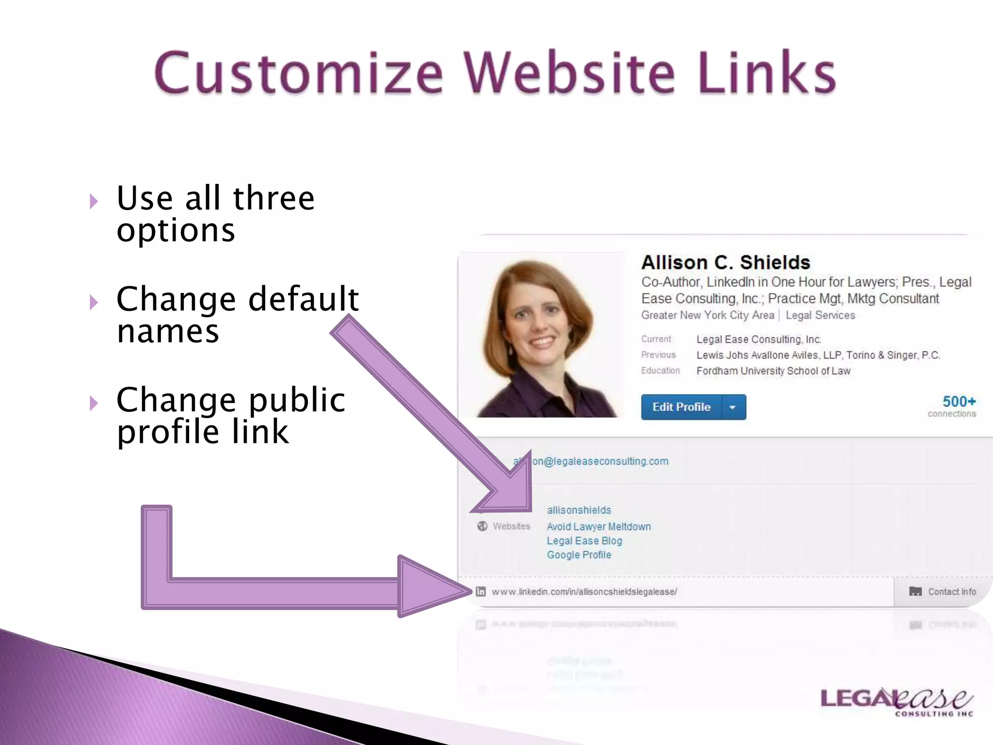    Use all three
    options

   Change default
    names

   Change public
    profile link
 