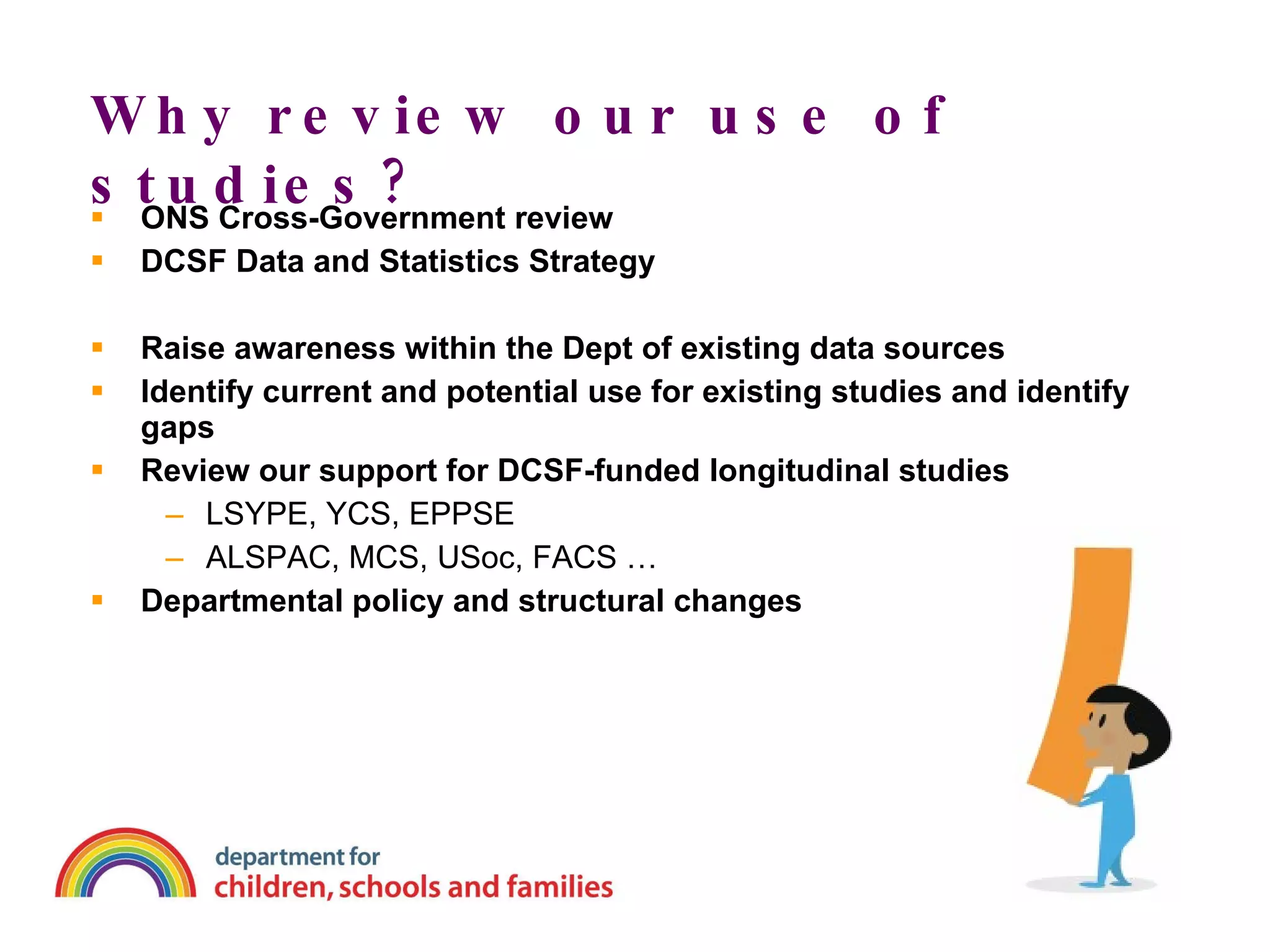 Why review our use of studies? ONS Cross-Government review DCSF Data and Statistics Strategy Raise awareness within the Dept of existing data sources Identify current and potential use for existing studies and identify gaps Review our support for DCSF-funded longitudinal studies LSYPE, YCS, EPPSE ALSPAC, MCS, USoc, FACS … Departmental policy and structural changes 