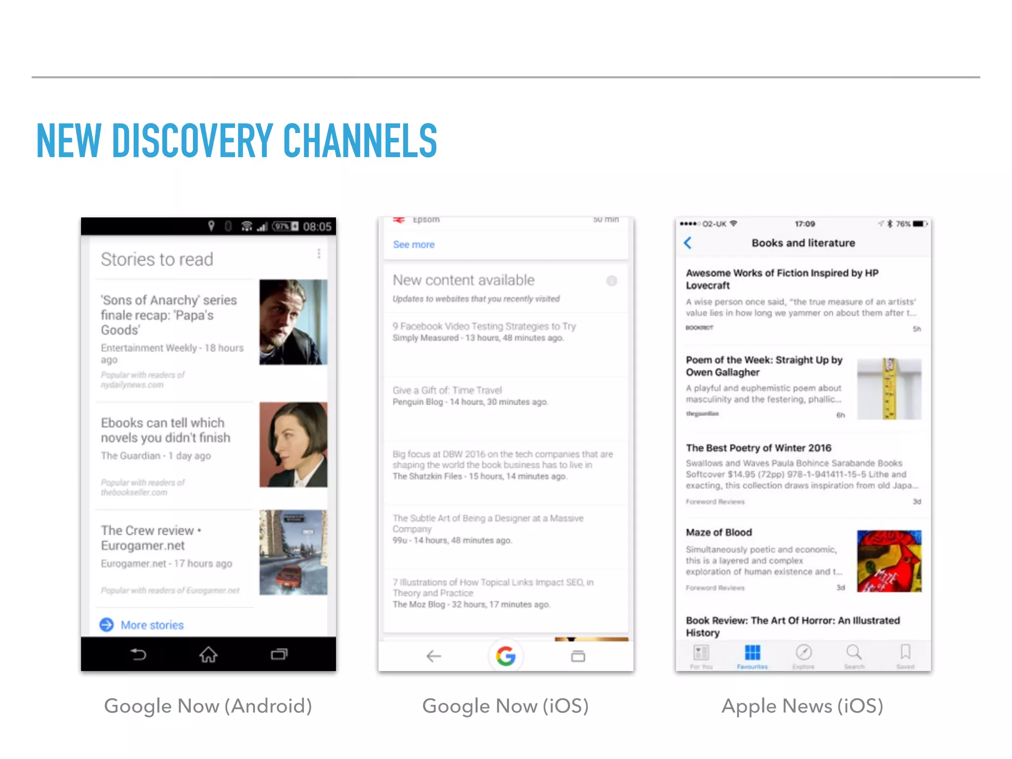 NEW DISCOVERY CHANNELS
Google Now (Android) Google Now (iOS) Apple News (iOS)
 