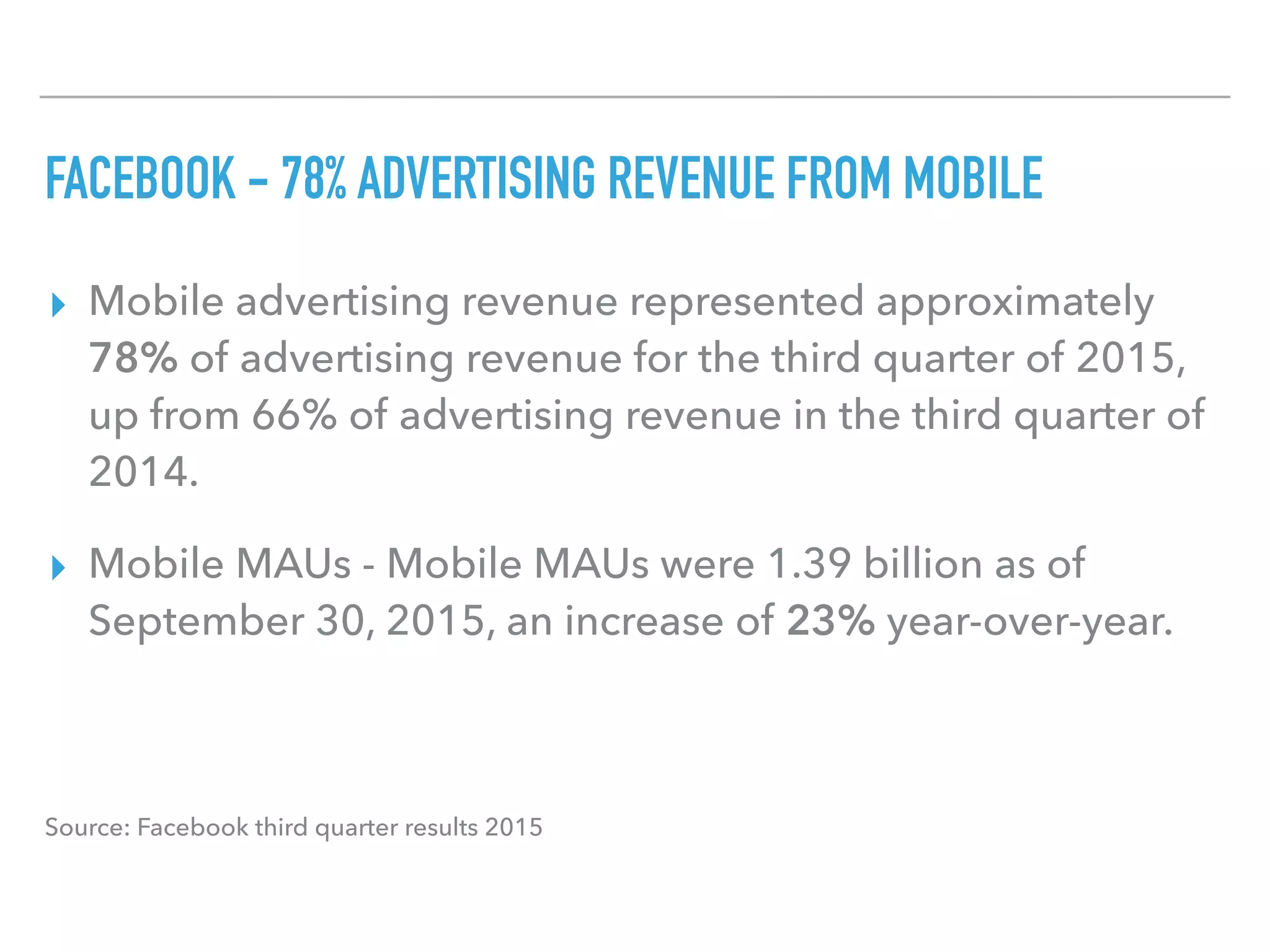 FACEBOOK - 78% ADVERTISING REVENUE FROM MOBILE
▸ Mobile advertising revenue represented approximately
78% of advertising revenue for the third quarter of 2015,
up from 66% of advertising revenue in the third quarter of
2014.
▸ Mobile MAUs - Mobile MAUs were 1.39 billion as of
September 30, 2015, an increase of 23% year-over-year.
Source: Facebook third quarter results 2015
 