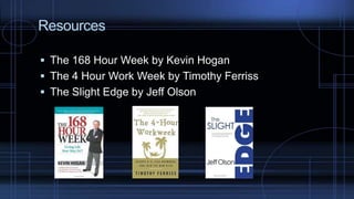 Resources
 The 168 Hour Week by Kevin Hogan
 The 4 Hour Work Week by Timothy Ferriss
 The Slight Edge by Jeff Olson
 