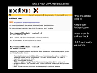free moodletxt plug-in single user  Authentication uses moodle  address book full functionality via moodle What’s New: www.moodletxt.co.uk 