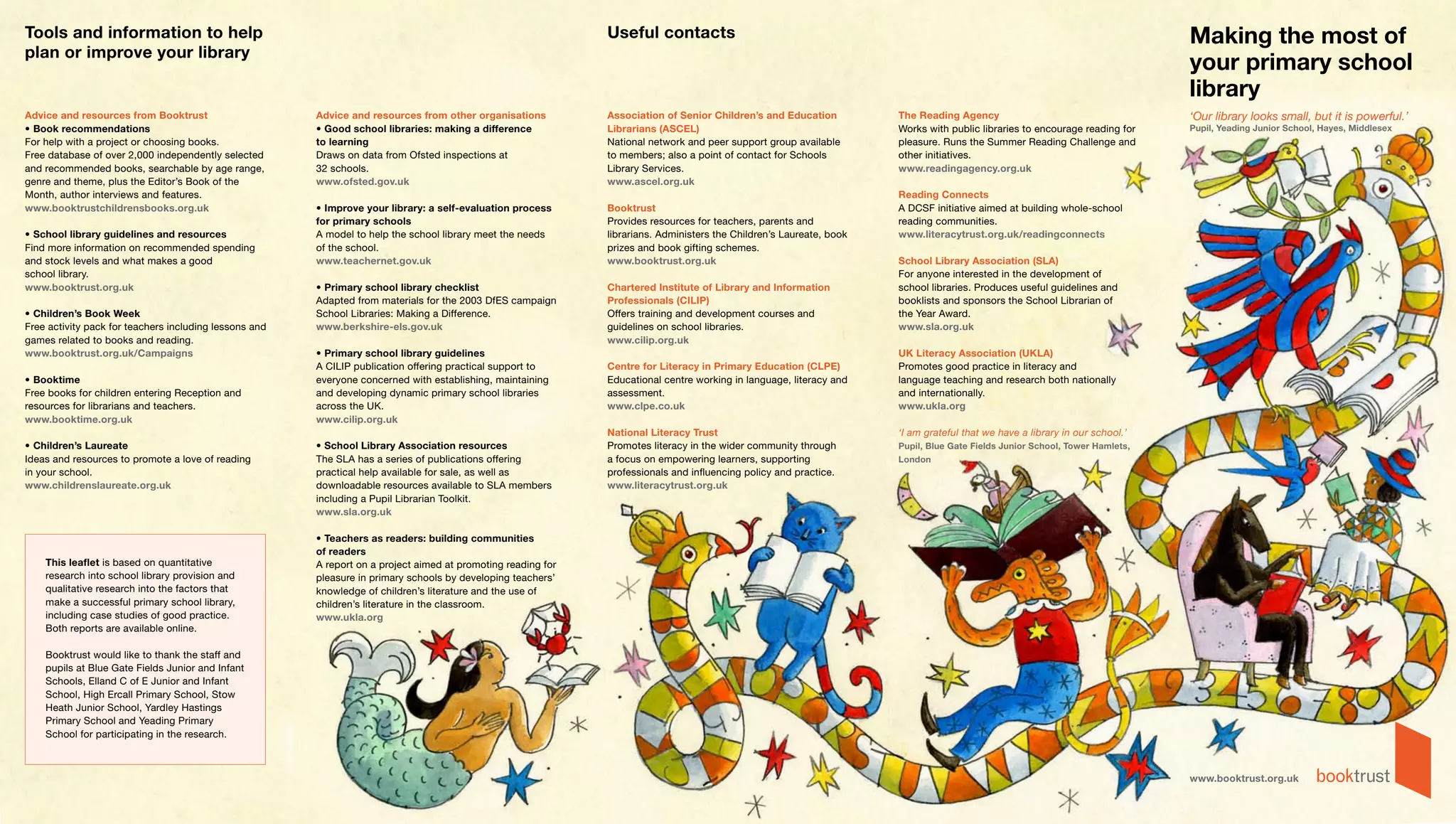 Tools and information to help                                                                                  Useful contacts                                                                                                 Making the most of
plan or improve your library
                                                                                                                                                                                                                               your primary school
                                                                                                                                                                                                                               library
Advice and resources from Booktrust                     Advice and resources from other organisations          Association of Senior Children’s and Education          The Reading Agency                                      ‘Our library looks small, but it is powerful.’
• Book recommendations                                  • Good school libraries: making a difference           Librarians (ASCEL)                                      Works with public libraries to encourage reading for    Pupil, Yeading Junior School, Hayes, Middlesex
For help with a project or choosing books.              to learning                                            National network and peer support group available       pleasure. Runs the Summer Reading Challenge and
Free database of over 2,000 independently selected      Draws on data from Ofsted inspections at               to members; also a point of contact for Schools         other initiatives.
and recommended books, searchable by age range,         32 schools.                                            Library Services.                                       www.readingagency.org.uk
genre and theme, plus the Editor’s Book of the          www.ofsted.gov.uk                                      www.ascel.org.uk
Month, author interviews and features.                                                                                                                                 Reading Connects
www.booktrustchildrensbooks.org.uk                      • Improve your library: a self-evaluation process      Booktrust                                               A DCSF initiative aimed at building whole-school
                                                        for primary schools                                    Provides resources for teachers, parents and            reading communities.
• School library guidelines and resources               A model to help the school library meet the needs      librarians. Administers the Children’s Laureate, book   www.literacytrust.org.uk/readingconnects
Find more information on recommended spending           of the school.                                         prizes and book gifting schemes.
and stock levels and what makes a good                  www.teachernet.gov.uk                                  www.booktrust.org.uk                                    School Library Association (SLA)
school library.                                                                                                                                                        For anyone interested in the development of
www.booktrust.org.uk                                    • Primary school library checklist                     Chartered Institute of Library and Information          school libraries. Produces useful guidelines and
                                                        Adapted from materials for the 2003 DfES campaign      Professionals (CILIP)                                   booklists and sponsors the School Librarian of
• Children’s Book Week                                  School Libraries: Making a Difference.                 Offers training and development courses and             the Year Award.
Free activity pack for teachers including lessons and   www.berkshire-els.gov.uk                               guidelines on school libraries.                         www.sla.org.uk
games related to books and reading.                                                                            www.cilip.org.uk
www.booktrust.org.uk/Campaigns                          • Primary school library guidelines                                                                            UK Literacy Association (UKLA)
                                                        A CILIP publication offering practical support to      Centre for Literacy in Primary Education (CLPE)         Promotes good practice in literacy and
• Booktime                                              everyone concerned with establishing, maintaining      Educational centre working in language, literacy and    language teaching and research both nationally
Free books for children entering Reception and          and developing dynamic primary school libraries        assessment.                                             and internationally.
resources for librarians and teachers.                  across the UK.                                         www.clpe.co.uk                                          www.ukla.org
www.booktime.org.uk                                     www.cilip.org.uk
                                                                                                               National Literacy Trust                                 ‘I am grateful that we have a library in our school.’
• Children’s Laureate                                   • School Library Association resources                 Promotes literacy in the wider community through        Pupil, Blue Gate Fields Junior School, Tower Hamlets,
Ideas and resources to promote a love of reading        The SLA has a series of publications offering          a focus on empowering learners, supporting              London
in your school.                                         practical help available for sale, as well as          professionals and influencing policy and practice.
www.childrenslaureate.org.uk                            downloadable resources available to SLA members        www.literacytrust.org.uk
                                                        including a Pupil Librarian Toolkit.
                                                        www.sla.org.uk

                                                        • Teachers as readers: building communities
                                                        of readers
    This leaflet is based on quantitative               A report on a project aimed at promoting reading for
    research into school library provision and          pleasure in primary schools by developing teachers’
    qualitative research into the factors that          knowledge of children’s literature and the use of
    make a successful primary school library,           children’s literature in the classroom.
    including case studies of good practice.            www.ukla.org
    Both reports are available online.

    Booktrust would like to thank the staff and
    pupils at Blue Gate Fields Junior and Infant
    Schools, Elland C of E Junior and Infant
    School, High Ercall Primary School, Stow
    Heath Junior School, Yardley Hastings
    Primary School and Yeading Primary
    School for participating in the research.



                                                                                                                                                                                                                               www.booktrust.org.uk
 