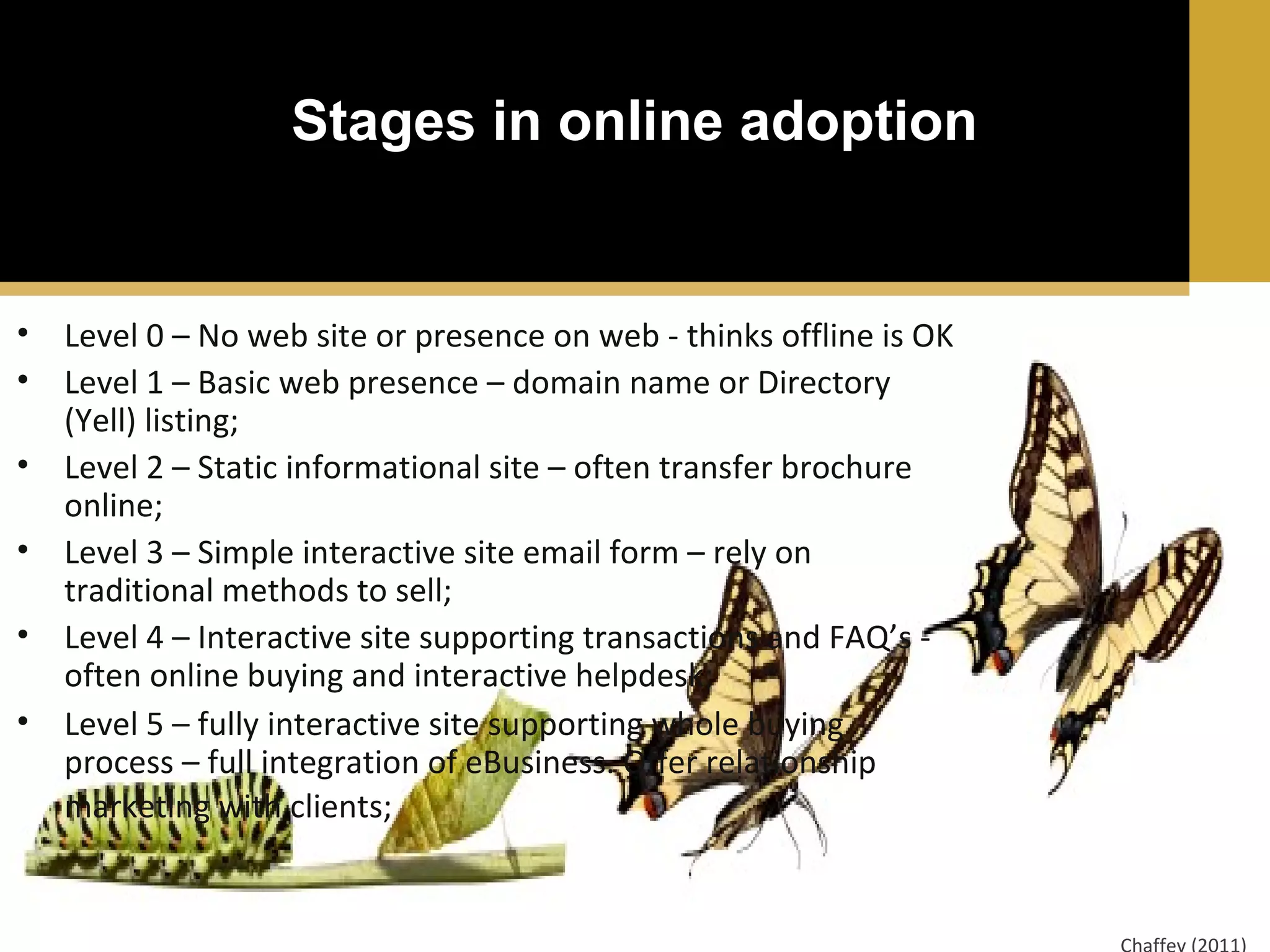 Stages in online adoption

• Level 0 – No web site or presence on web - thinks offline is OK
• Level 1 – Basic web presence – domain name or Directory
(Yell) listing;
• Level 2 – Static informational site – often transfer brochure
online;
• Level 3 – Simple interactive site email form – rely on
traditional methods to sell;
• Level 4 – Interactive site supporting transactions and FAQ’s often online buying and interactive helpdesk;
• Level 5 – fully interactive site supporting whole buying
process – full integration of eBusiness. Offer relationship
marketing with clients;

 