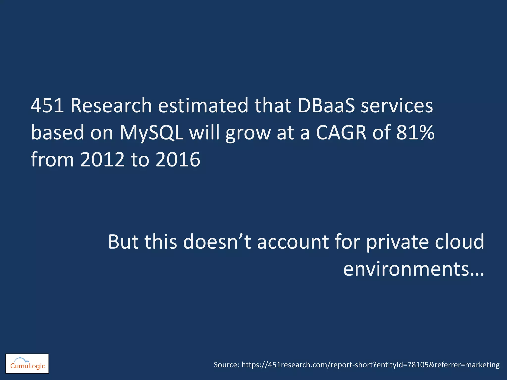 451 Research estimated that DBaaS services
based on MySQL will grow at a CAGR of 81%
from 2012 to 2016
Source: https://451research.com/report-short?entityId=78105&referrer=marketing
But this doesn’t account for private cloud
environments…
 