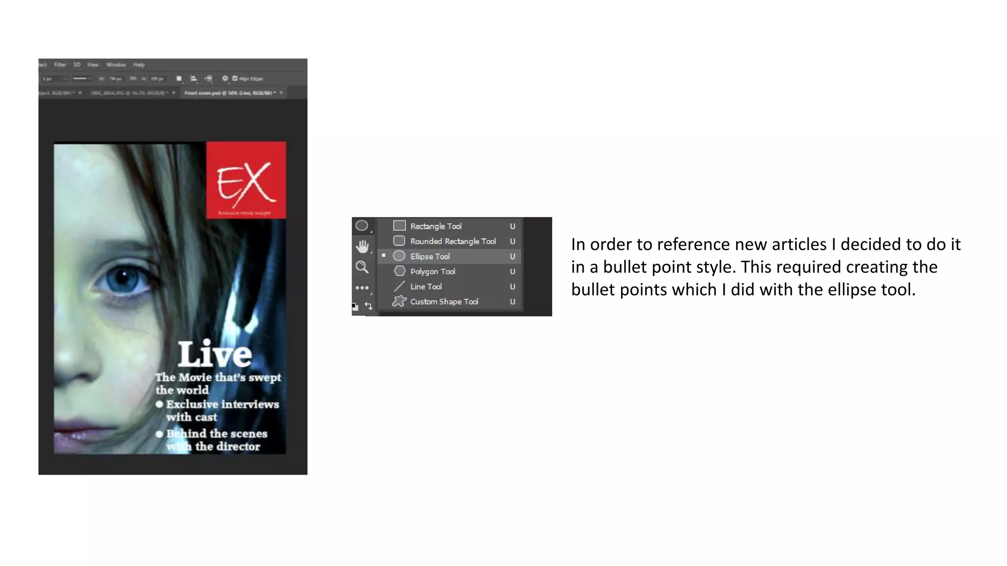 In order to reference new articles I decided to do it
in a bullet point style. This required creating the
bullet points which I did with the ellipse tool.
 