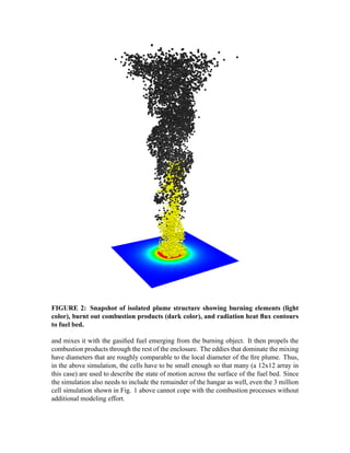 FIGURE 2: Snapshot of isolated plume structure showing burning elements (light
color), burnt out combustion products (dark color), and radiation heat ﬂux contours
to fuel bed.
and mixes it with the gasiﬁed fuel emerging from the burning object. It then propels the
combustion products through the rest of the enclosure. The eddies that dominate the mixing
have diameters that are roughly comparable to the local diameter of the ﬁre plume. Thus,
in the above simulation, the cells have to be small enough so that many (a 12x12 array in
this case) are used to describe the state of motion across the surface of the fuel bed. Since
the simulation also needs to include the remainder of the hangar as well, even the 3 million
cell simulation shown in Fig. 1 above cannot cope with the combustion processes without
additional modeling effort.
 