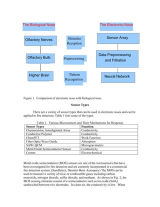 The Biological Nose The Electronic-Nose
Sensor Array
Neural Network
Recognition
Pattern
Preprocessing
Reception
StimulusOlfactory Nerves
Olfactory Bulb
Higher Brain
Data Preprocessing
and Filtration
Figure 1. Comparison of electronic nose with biological nose.
Sensor Types
There are a variety of sensor types that can be used in electronic noses and can be
applied to fire detection. Table 1 lists some of the types.
Table 1. Various Microsensors and Their Mechanisms for Response
Sensor Types Function
Chemiresistor, Interdigitated Array Conductivity
Conductive Polymer Conductivity
ChemFET Work Function
Fiber Optic/Wave Guide Absorption
SAW/ QCM Microgravimetric
Metal Oxide Semiconductor Sensor Conductivity
Cermet Electrochemical
Metal oxide semiconductor (MOS) sensors are one of the microsensors that have
been investigated for fire detection and are currently incorporated in a commercial
fire detection system. (SamDetect, Daimler-Benz Aerospace) The MOS can be
used to measure a variety of toxic or combustible gases including carbon
monoxide, nitrogen dioxide, sulfur dioxide, and methane. As shown in Fig. 2, the
MOS sensing elements consist of a semiconductor such as tin oxide (SnO2)
sandwiched between two electrodes. In clean air, the conductivity is low. When
 