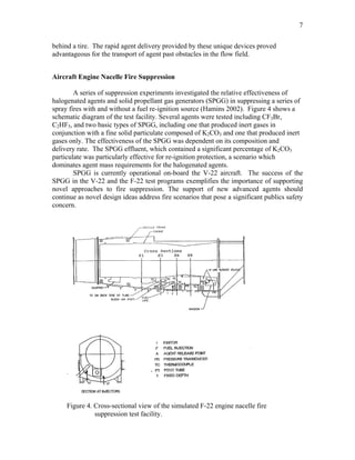 7
behind a tire. The rapid agent delivery provided by these unique devices proved
advantageous for the transport of agent past obstacles in the flow field.
Aircraft Engine Nacelle Fire Suppression
A series of suppression experiments investigated the relative effectiveness of
halogenated agents and solid propellant gas generators (SPGG) in suppressing a series of
spray fires with and without a fuel re-ignition source (Hamins 2002). Figure 4 shows a
schematic diagram of the test facility. Several agents were tested including CF3Br,
C2HF5, and two basic types of SPGG, including one that produced inert gases in
conjunction with a fine solid particulate composed of K2CO3 and one that produced inert
gases only. The effectiveness of the SPGG was dependent on its composition and
delivery rate. The SPGG effluent, which contained a significant percentage of K2CO3
particulate was particularly effective for re-ignition protection, a scenario which
dominates agent mass requirements for the halogenated agents.
SPGG is currently operational on-board the V-22 aircraft. The success of the
SPGG in the V-22 and the F-22 test programs exemplifies the importance of supporting
novel approaches to fire suppression. The support of new advanced agents should
continue as novel design ideas address fire scenarios that pose a significant publics safety
concern.
Figure 4. Cross-sectional view of the simulated F-22 engine nacelle fire
suppression test facility.
 