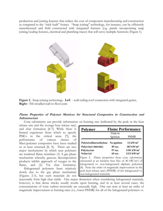 production and joining features that reduce the cost of component manufacturing and construction
as compared to the “stick built” homes. “Snap joining” technology, for instance, can be efficiently
manufactured and field constructed with integrated features (e.g. panels incorporating snap
joining/sealing features, electrical and plumbing traces) that will serve multiple functions (Figure 1).
Figure 1. Snap-joining technology: Left - wall-ceiling-roof connection with integrated gutter,
Right– Tilt installed wall-to-floor joint
Flame Properties of Polymer Matrices for Structural Composites in Construction and
Infrastructure
Cone calorimetry can provide information on burning rate (indicated by the peak in the heat
release rate and the average heat release rate)
and char formation [4-7]. While there is
limited experience from which to specify
PMCs in fire critical areas [7], the
performance of various classes of
fiber/polymer composites have been studied
or at least screened [8, 9]. There are two
major mechanisms by which neat polymers
are rendered flame retardant: (1) A gas phase
mechanism whereby gaseous decomposition
products inhibit approach of oxygen to the
flame, and (2) Via char formation.
Halogenated polymers burn relatively
slowly due to the gas phase mechanism
(Figures 2-3), but such materials do not
necessarily form high char yields. One major detraction when considering halogenated materials,
however, is that dense smoke usually results upon burning, and in at least several cases, the
concentrations of toxic carbon monoxide are unusually high. One can note at least an order of
magnitude improvement in burning rates (i.e., lower PHHR) for all of the halogenated polymers vs.
Polymer Flame Performance
Time to
Ignition PHHR
Polytetrafluoroethylene No ignition 13 kW/m2
Poly(vinyl chloride) 85 sec. 183 kW/m2
Polystyrene 97 sec. 1101 kW/m2
Nylon 6,6 65 sec. 1313 kW/m2
Figure 2. Flame properties from cone calorimetry
(measured at an incident heat flux of 40 kW/m2) of
halogenated vs. non-halogenated aliphatic polymers
[4]. Note the order of magnitude improvement in the
peak heat release rates (PHHR) of the halogenated vs.
non-halogenated materials.
 