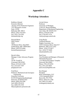 Appendix C
Workshop Attendees
Kathleen Almand
Executive Director
Society of Fire Protection Engineers
7315 Wisconsin Avenue
Suite 1225W
Bethesda, MD 20814
Phone: (301) 718-2910
Fax: (301) 718-2242
kalmand@sfpe.org
Arvind Atreya
Professor
University of Michigan
2158 G.G. Brown Building
Department of Mechanical Engineering
Ann Arbor, MI 48109-2125
Phone: (734) 647-4790
Fax: (734) 647-3170
Aatreya@engin.umich.edu
Howard Baum
NIST Fellow
NIST
100 Bureau Drive, Stop 8663
Gaithersburg, MD 20899-8663
Phone: (301) 975-6668
howard.baum@nist.gov
Craig Beyler
Technical Director
Hughes Associates, Inc.
3610 Commerce Drive, Suite 817
Baltimore, MD 21227-1652
Phone: (410) 737-8677
Fax: (410) 737-8688
cbeyler@haifire.com
David Collins
Manager, Codes Advocacy Program
AIA
316 W. Fourth St.
Cincinnati, OH 45202
Phone: (513) 621-2109
Fax: (513) 621-7297
pregrp@aol.com
Paul Croce
Vice President and Manager of Research
FM Global Research
1151 Boston-Providence Turnpike
Norwood, MA 02062
Phone: (781) 255-4910
Fax: (781) 255-4028
paul.croce@fmglobal.com
Fred Dryer
Professor, Mechanical and Aerospace
Engineering
Princeton University
D-329-D Engineering Quadrangle
Princeton, NJ 08544-5263
Phone: (609) 258-5206
Lab: (609) 258-0316
Fax: (609) 258-1939
fldryer@phoenix.princeton.edu
Ken Dungan
President
Risk Technologies, LLC
1310 Centerpoint Blvd.
Knoxville, TN 37932
Phone: (865) 531-1700
Fax: (865) 531-0428
kwdungan@risktek.com
42
 